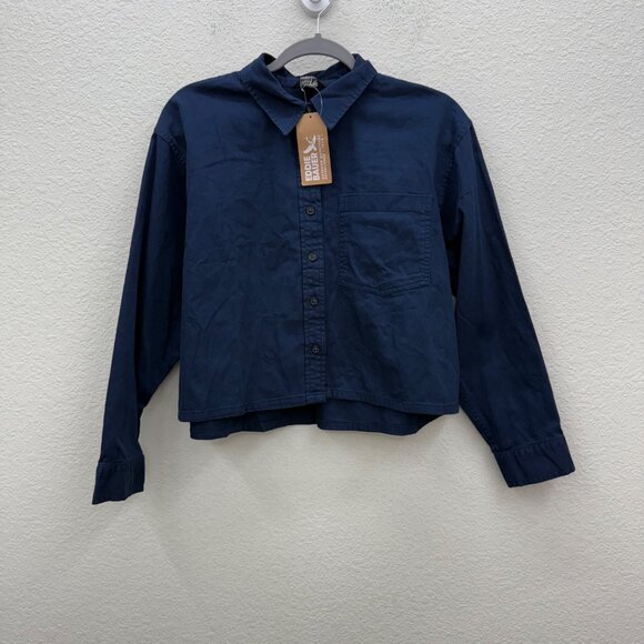 Eddie Bauer Everyday Navy Blue Cotton Croppe Button Up Shirt Womens Medium NEW - Picture 1 of 9